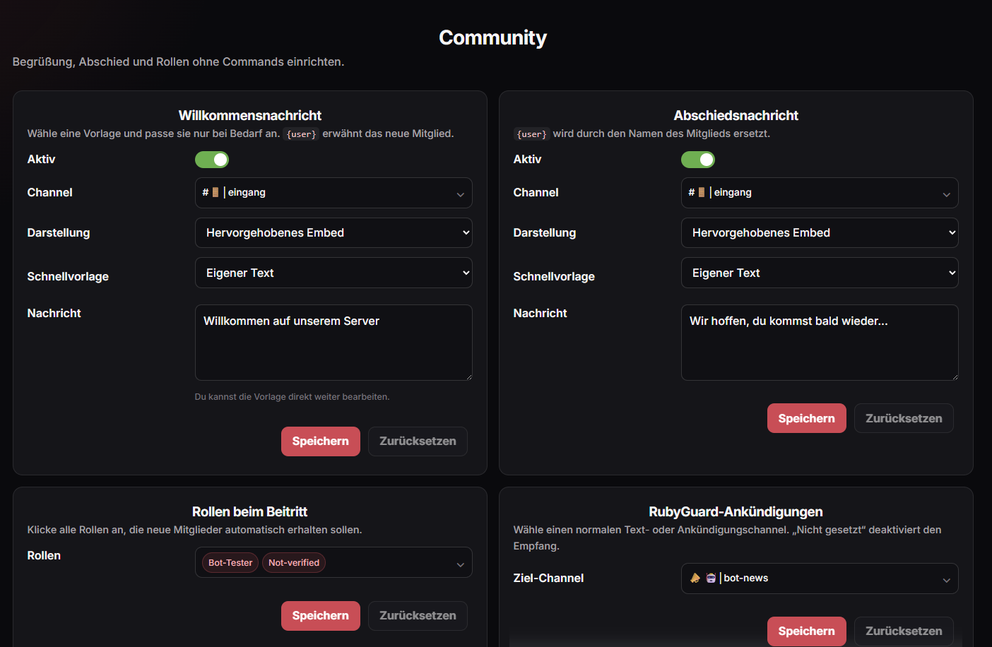 RubyGuard Dashboard mit Einstellungen für Discord Community-Automationen
