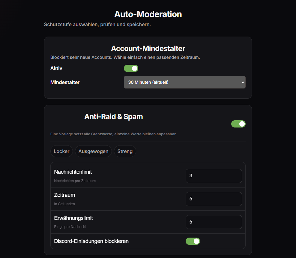 RubyGuard Anti-Raid und AutoMod Einstellungen im Discord Bot Dashboard